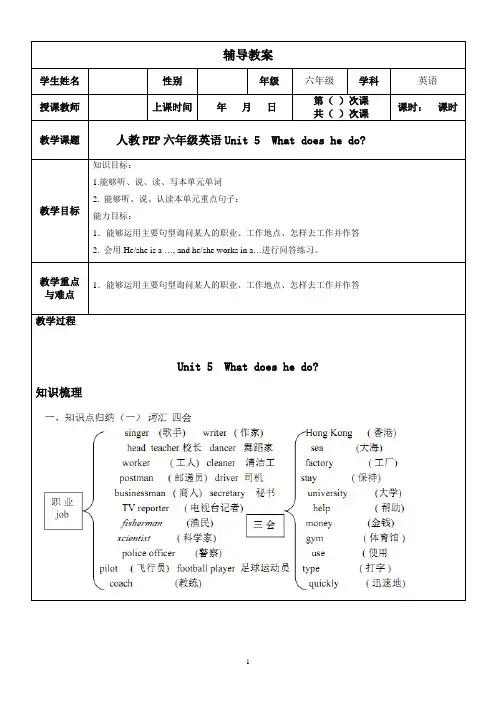 人教PEP六年级英语第五单元教案