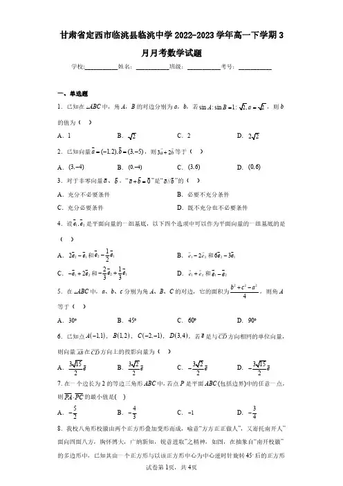 甘肃省定西市临洮县临洮中学2022-2023学年高一下学期3月月考数学试题(含答案解析)