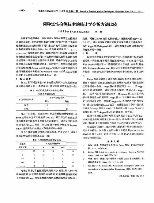 两种定性检测技术的统计学分析方法比较