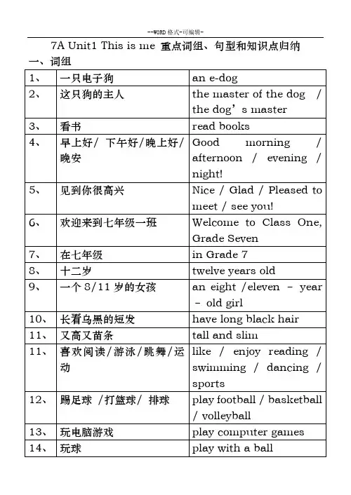 译林牛津英语7A期末复习归纳
