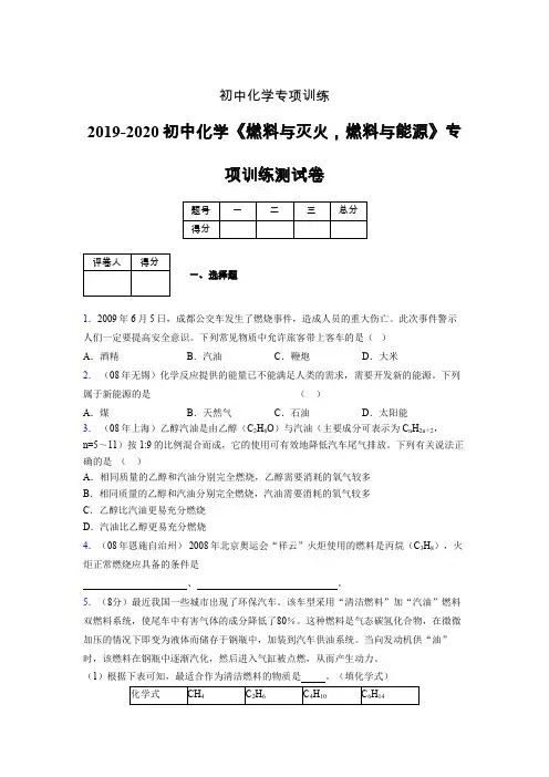 2019-2020学年初中化学《燃料与灭火,燃料与能源》专项训练模拟测试(含答案) (108)