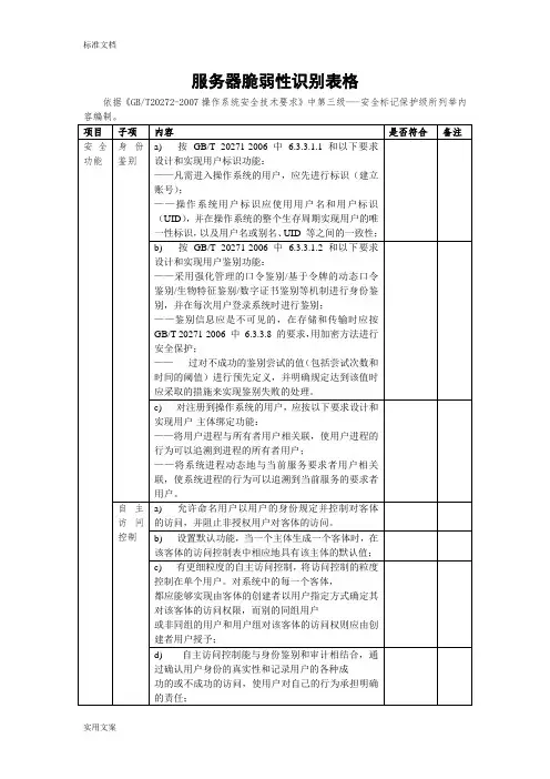 信息安全系统风险评估-脆弱性识别-操作系统脆弱性表格-《GBT20272-2007》