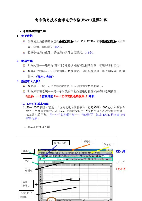 高中信息技术会考电子表格(Excel)重要知识点