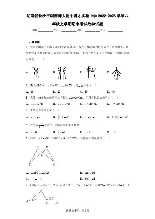 湖南省长沙市湖南师大附中博才实验中学2022-2023学年八年级上学期期末考试数学试题