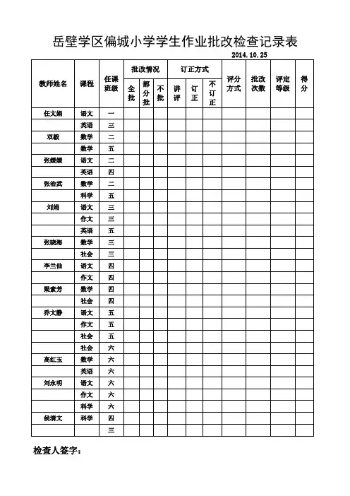 ×××小学学生作业批改检查记录表
