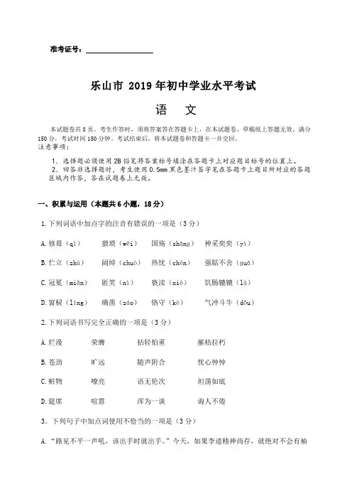 四川省乐山市2019年中考语文试题及答案