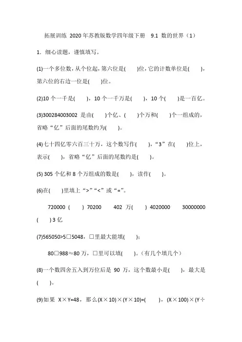 2020年苏教版数学四年级下册  第九单元  第1课时 数的世界(1)(含答案)