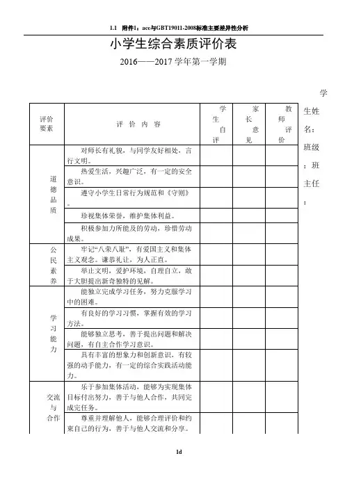 小学生综合素质评价表