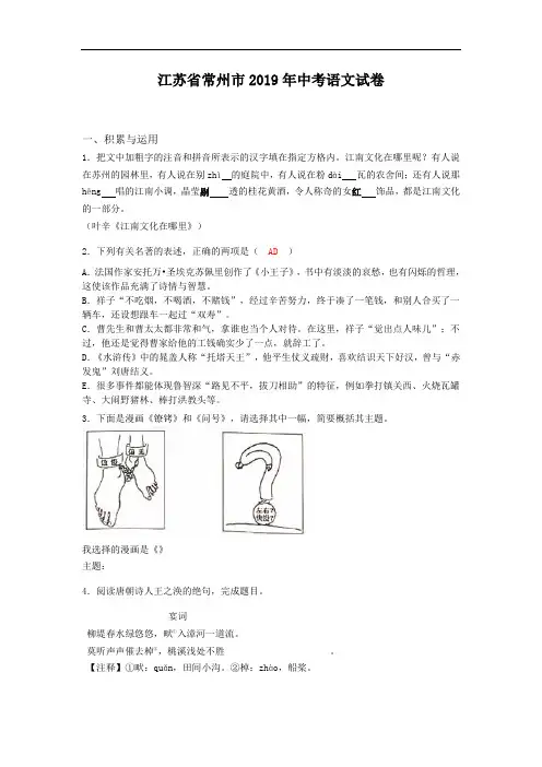 2019年江苏省常州市中考语文试卷(含解析)