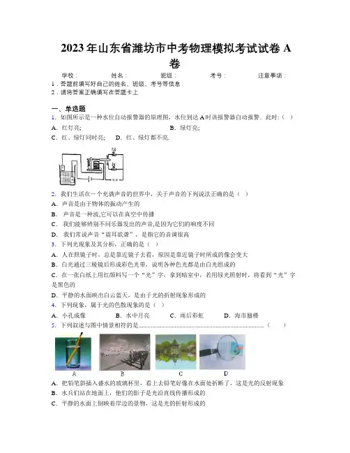 2023年山东省潍坊市中考物理模拟考试试卷A卷及解析
