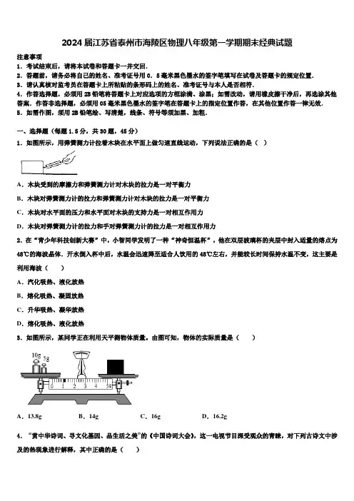 2024届江苏省泰州市海陵区物理八年级第一学期期末经典试题含解析