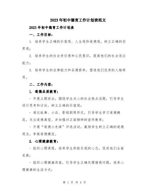 2023年初中德育工作计划表范文