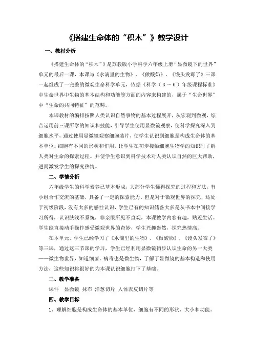 六年级上册科学教案-1.4 搭建生命的“积木”｜苏教版
