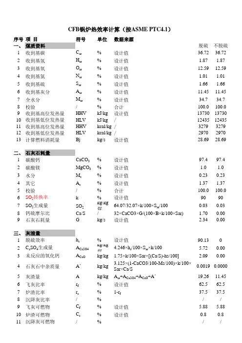 CFB锅炉热效率计算(按ASME PTC4.1)