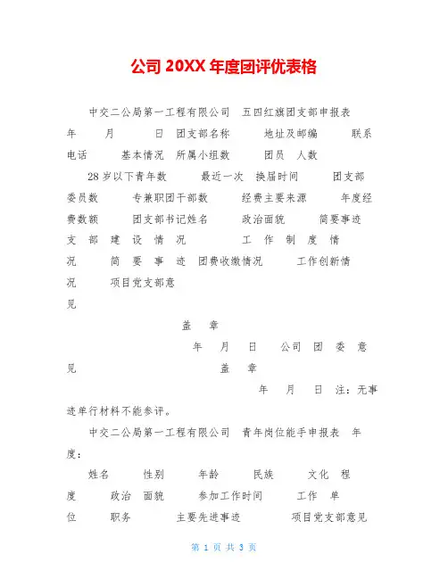 公司20XX年度团评优表格