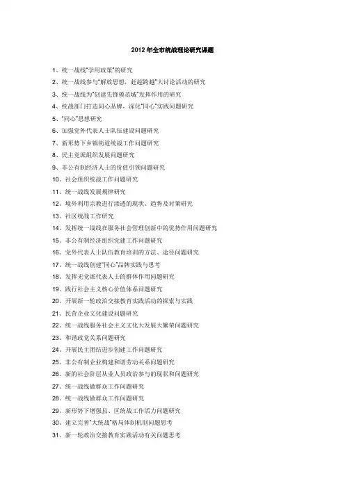 2012年全市统战理论研究课题