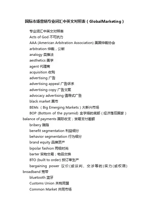国际市场营销专业词汇中英文对照表（GlobalMarketing）