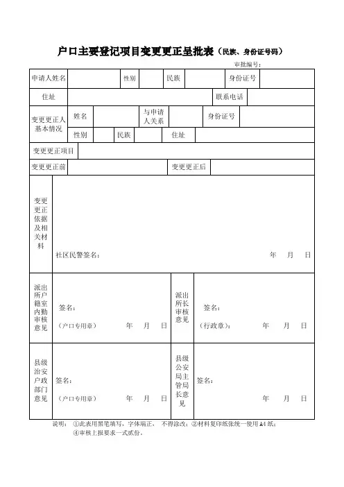 公安户政管理机关户口民族、身份证号码登记项目变更更正呈批表式样