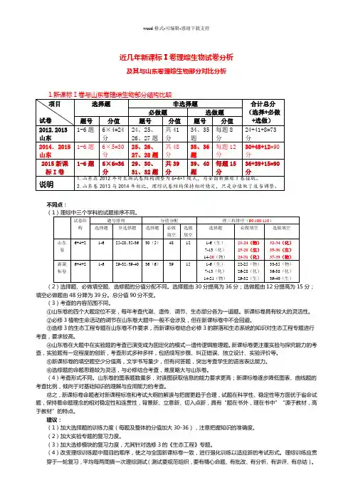 2015年新课标卷生物试卷分析及其与山东卷理综生物对比分析