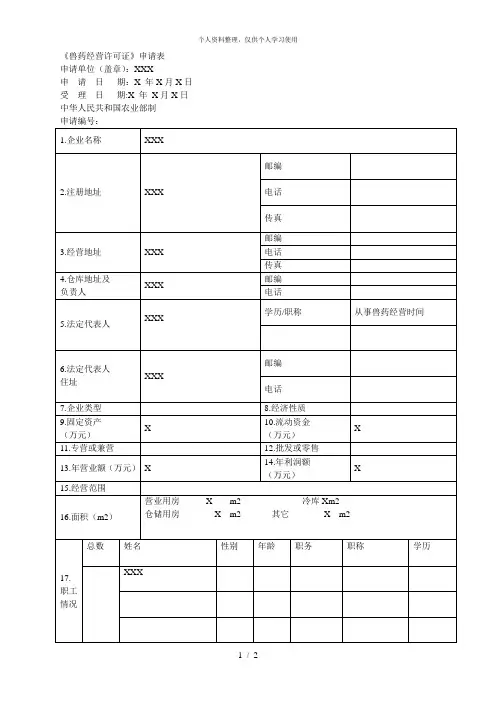 《兽药经营许可证》申请表