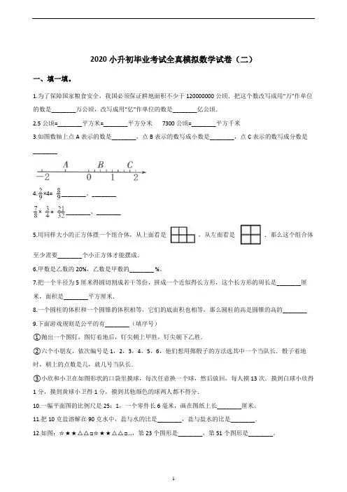 2020年小升初数学毕业考试全真模拟试卷(2)人教版(解析版)