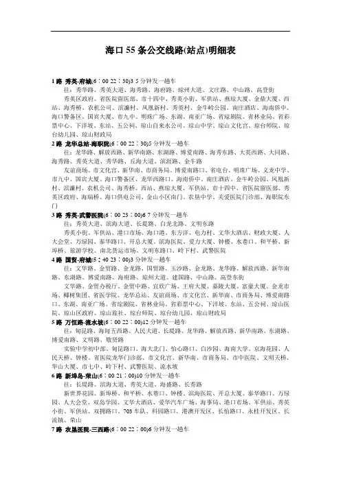 海口55条公交线路与站点明细表