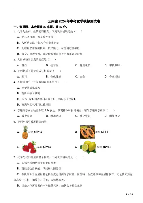 2024年云南省中考化学模拟测试卷