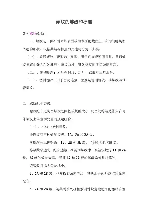 螺纹的等级和标准