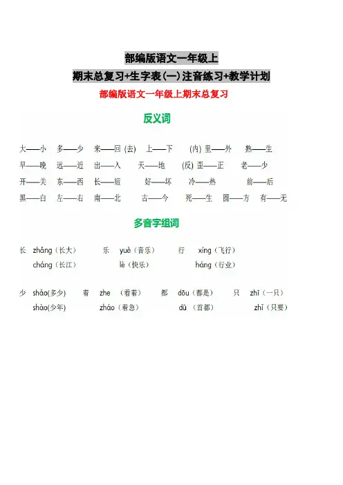 部编版语文一年级上期末总复习+生字表(一)注音练习+教学计划