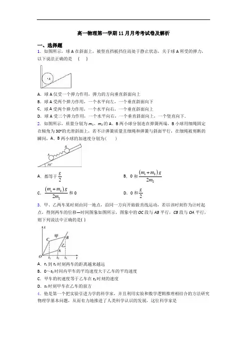 高一物理第一学期11月月考考试卷及解析
