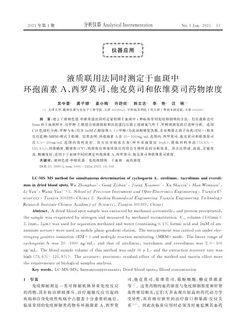 液质联用法同时测定干血斑中环孢菌素A、西罗莫司、他克莫司和依维莫司药物浓度