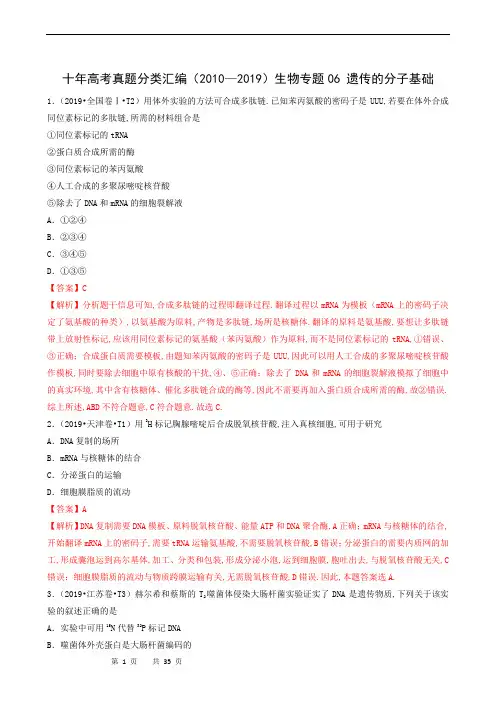 高中生物2010-2019十年高考真题分类汇编：专题06 遗传的分子基础