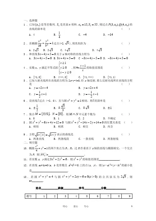 广西陆川县中学1011高二数学上学期周测(6)