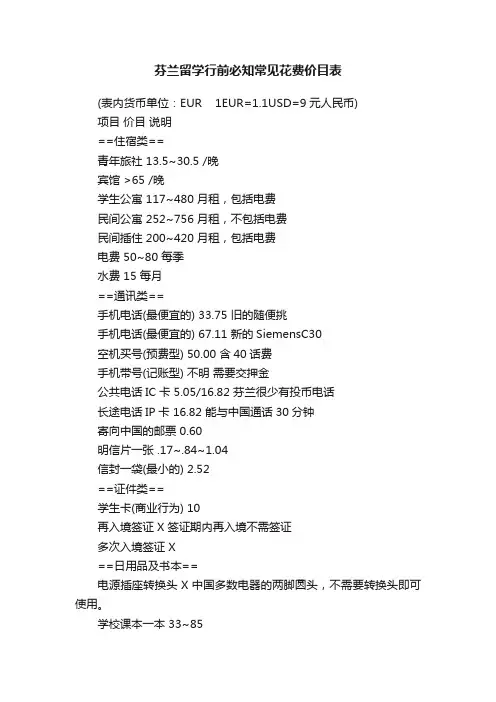 芬兰留学行前必知常见花费价目表