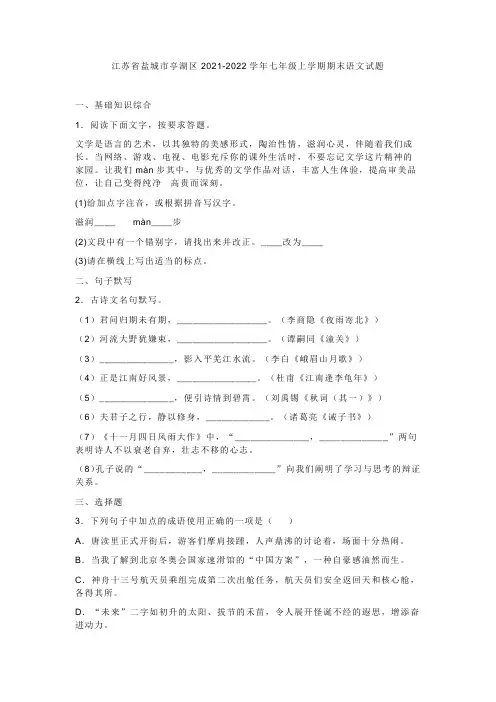 盐城市亭湖区2021-2022学年第一学期期末学业质量检测试卷语文