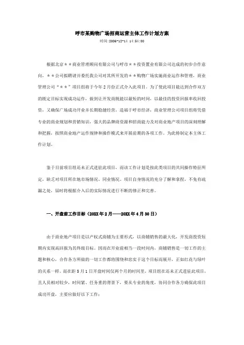 呼市某购物广场招商运营主体工作计划方案
