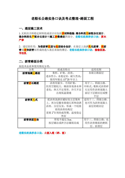 老船长公路实务口诀及考点整理