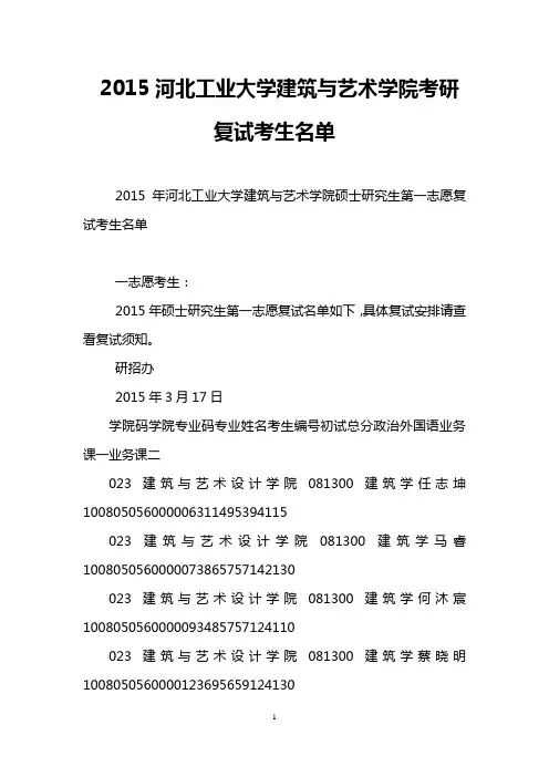 2015河北工业大学建筑与艺术学院考研复试考生名单