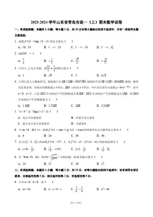2023-2024学年山东省青岛市高一(上)期末数学试卷【答案版】