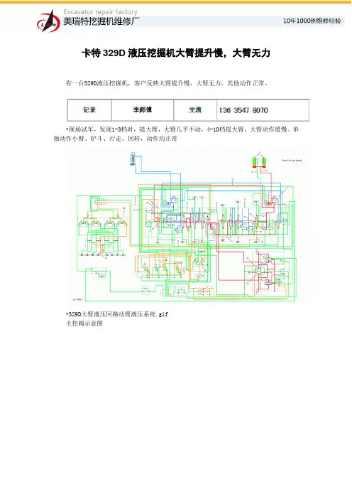 卡特329D液压挖掘机大臂提升慢,大臂无力