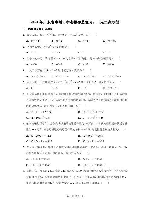 2021年广东省惠州市中考数学总复习：一元二次方程(含答案解析)