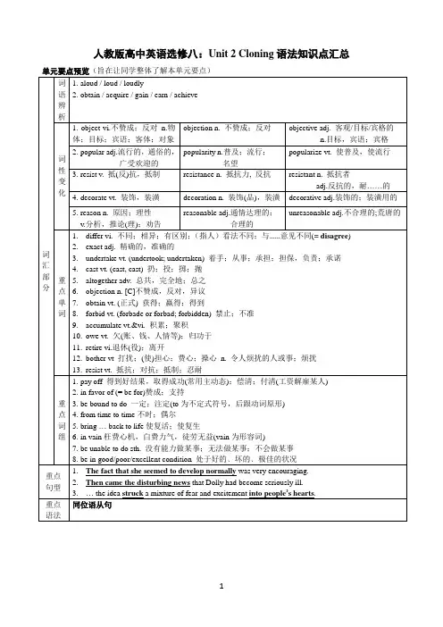 人教版高中英语选修八：Unit 2 Cloning语法知识点汇总