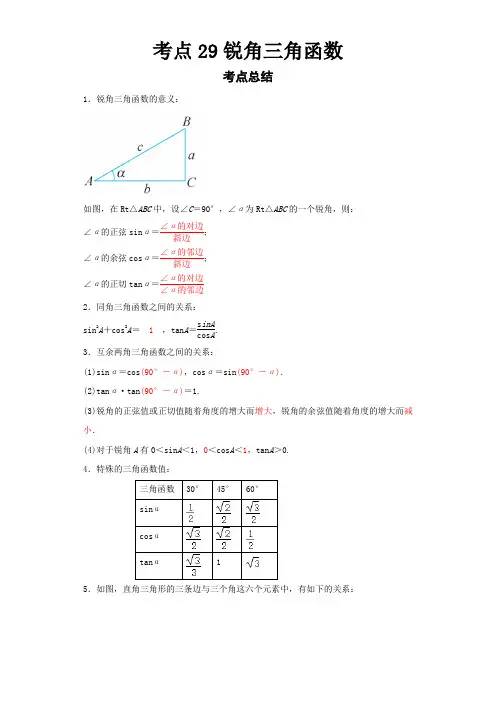 2023 数学浙教版新中考 考点29锐角三角函数(解析版)