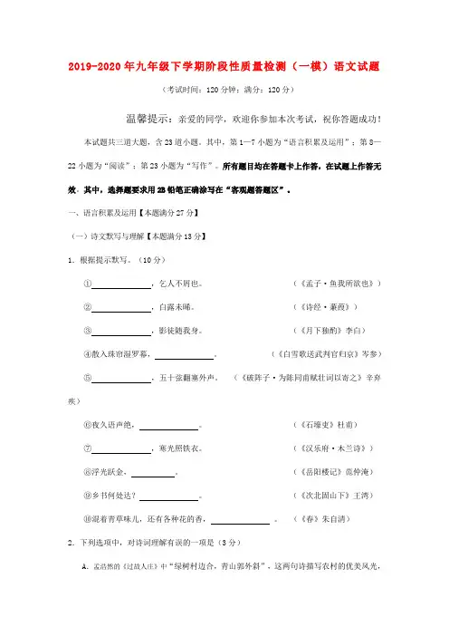 2019-2020年九年级下学期阶段性质量检测(一模)语文试题