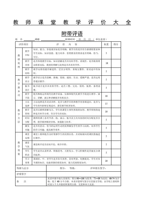 教师课堂教学评价大全含带评语