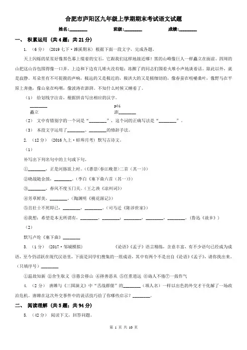 合肥市庐阳区九年级上学期期末考试语文试题