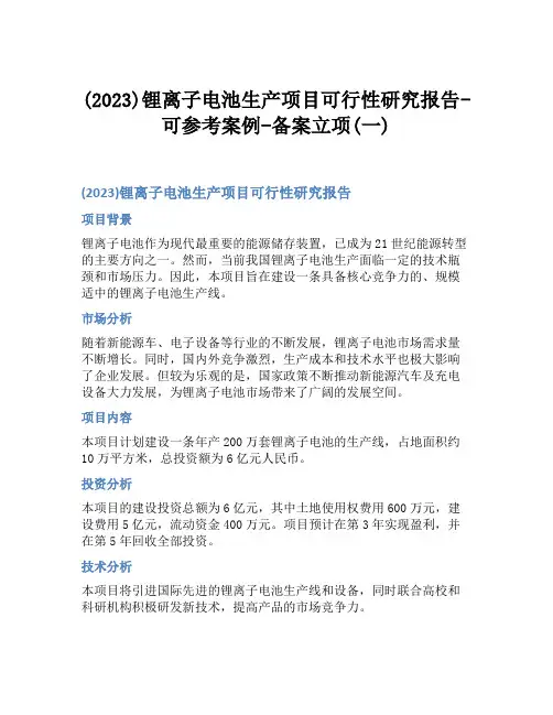 (2023)锂离子电池生产项目可行性研究报告-可参考案例-备案立项(一)