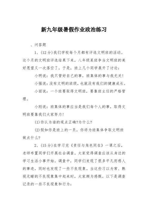 新九年级暑假作业政治练习