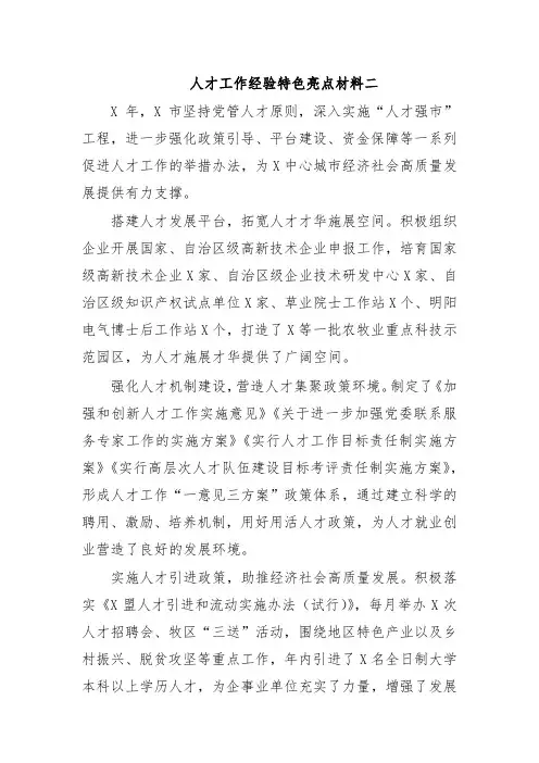 人才工作经验特色亮点材料二