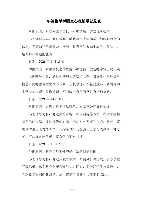 一年级数学学困生心理辅导记录表